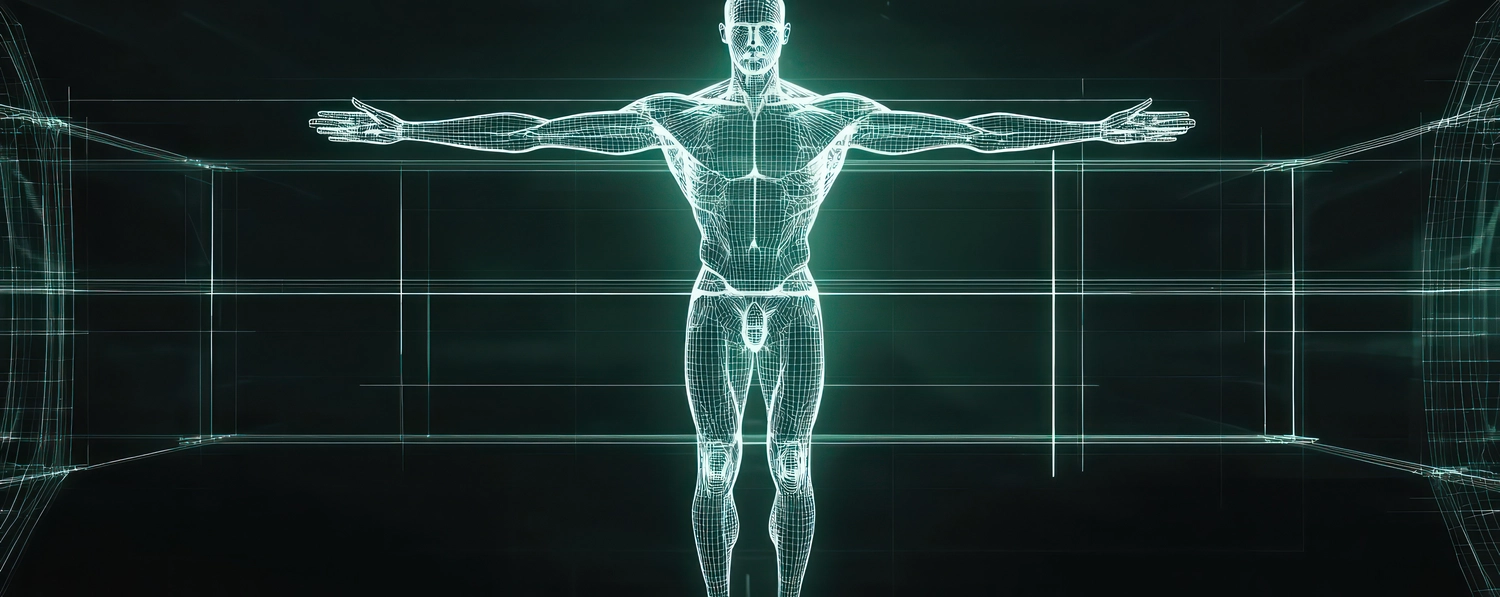 Dr. Tareq Soumma Cum Laude – Orthopäde für Hüfte – Polygonale Darstellung des vitruvianischen Mannes im Drahtmodellstil in einer futuristischen Darstellung.