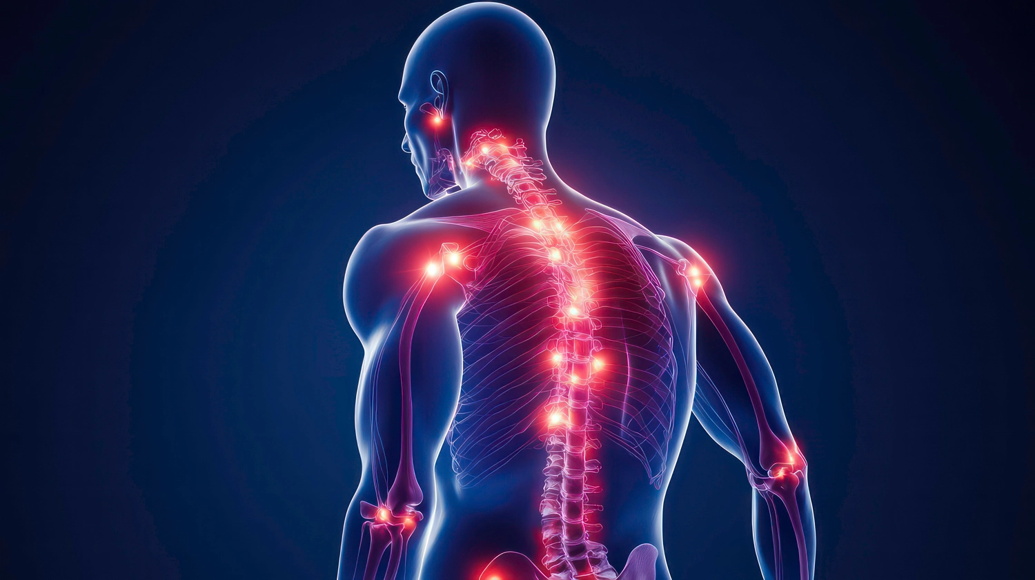 Dr. Tareq Soumma Cum Laude – Orthopäde für Hüfte – Männliche Figur mit Gelenkschmerzen. Rot leuchtende Bereiche um die einzelnen Knochen vor blauem Hintergrund.