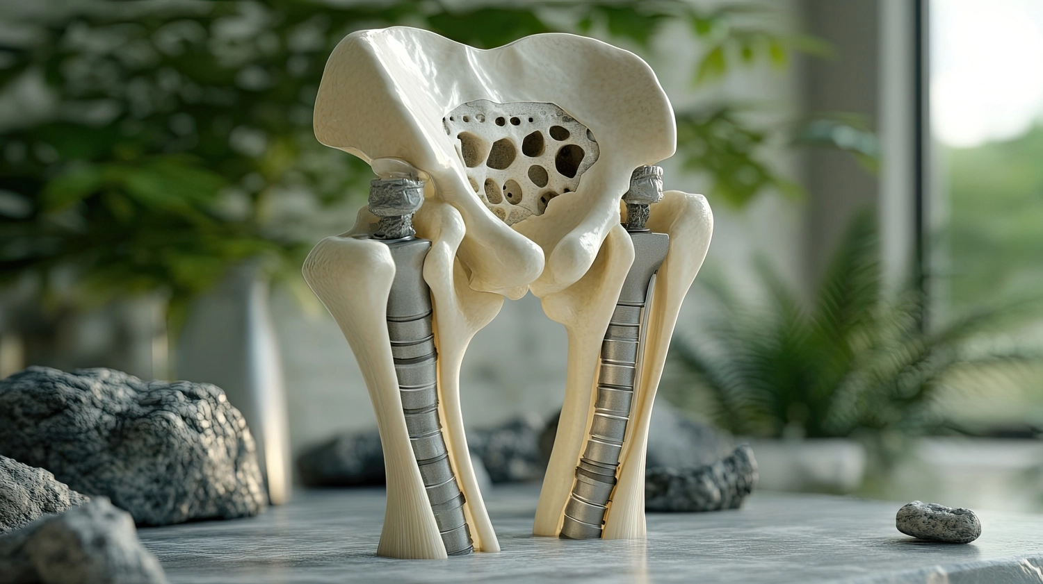 Dr. Tareq Soumma Cum Laude – Orthopäde für Hüfte – Ein medizinisches Poster mit Hüftimplantaten, das den Kniegelenkersatz mit künstlichen Implantaten zur Behandlung von Arthritis zeigt